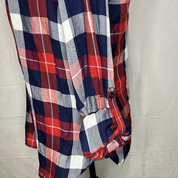 Tommy Hilfiger Red Navy White Checked Roll-Tab Sleeve Button-Down Shirt M - Picture 7 of 9